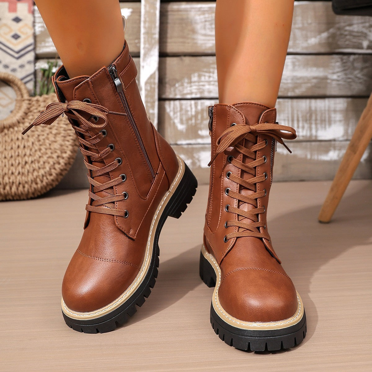 New Women's Solid Color Low Heel Middle Boots