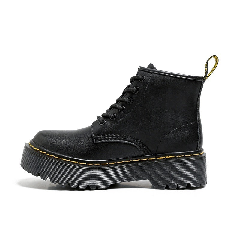Platform Martin Boots Women's Thickened Real Leather Black Flat Bottom