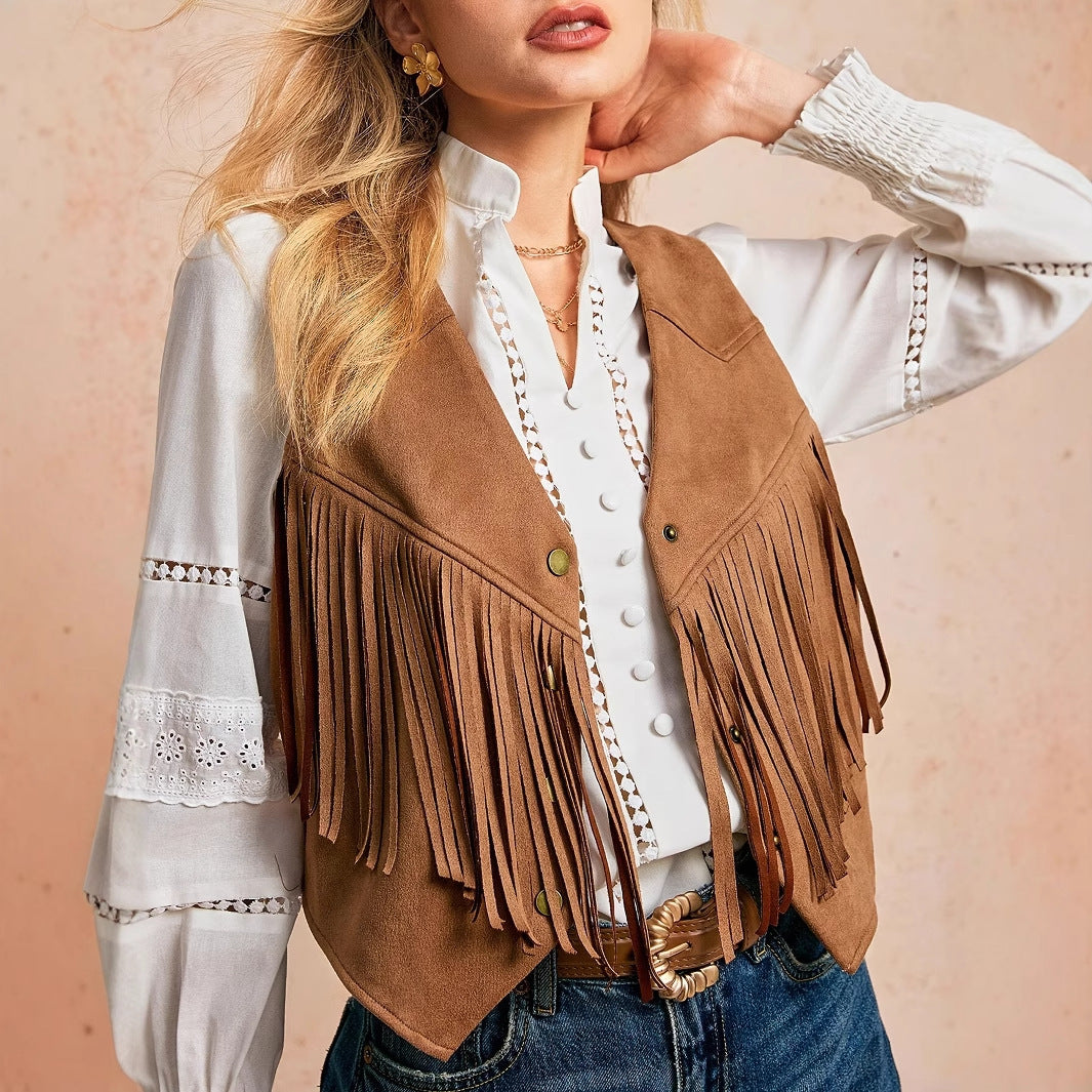 Women's Solid Color Casual Retro Tassel Decoration Front Metal Button Vest Jacket