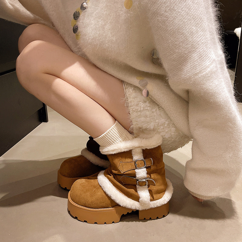 Women's Brown Suede Snow Boots Paired With White Fluffy Thick-soled Martin-style Short Boots, Comfortable Winter Ankle Boots With Sparkling Outfit And Creative Design