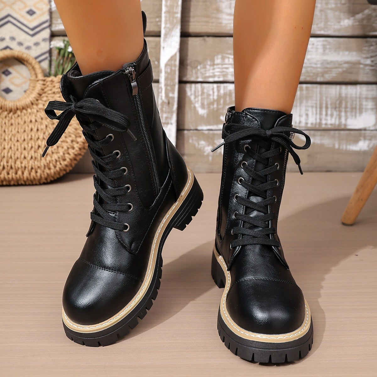 New Women's Solid Color Low Heel Middle Boots