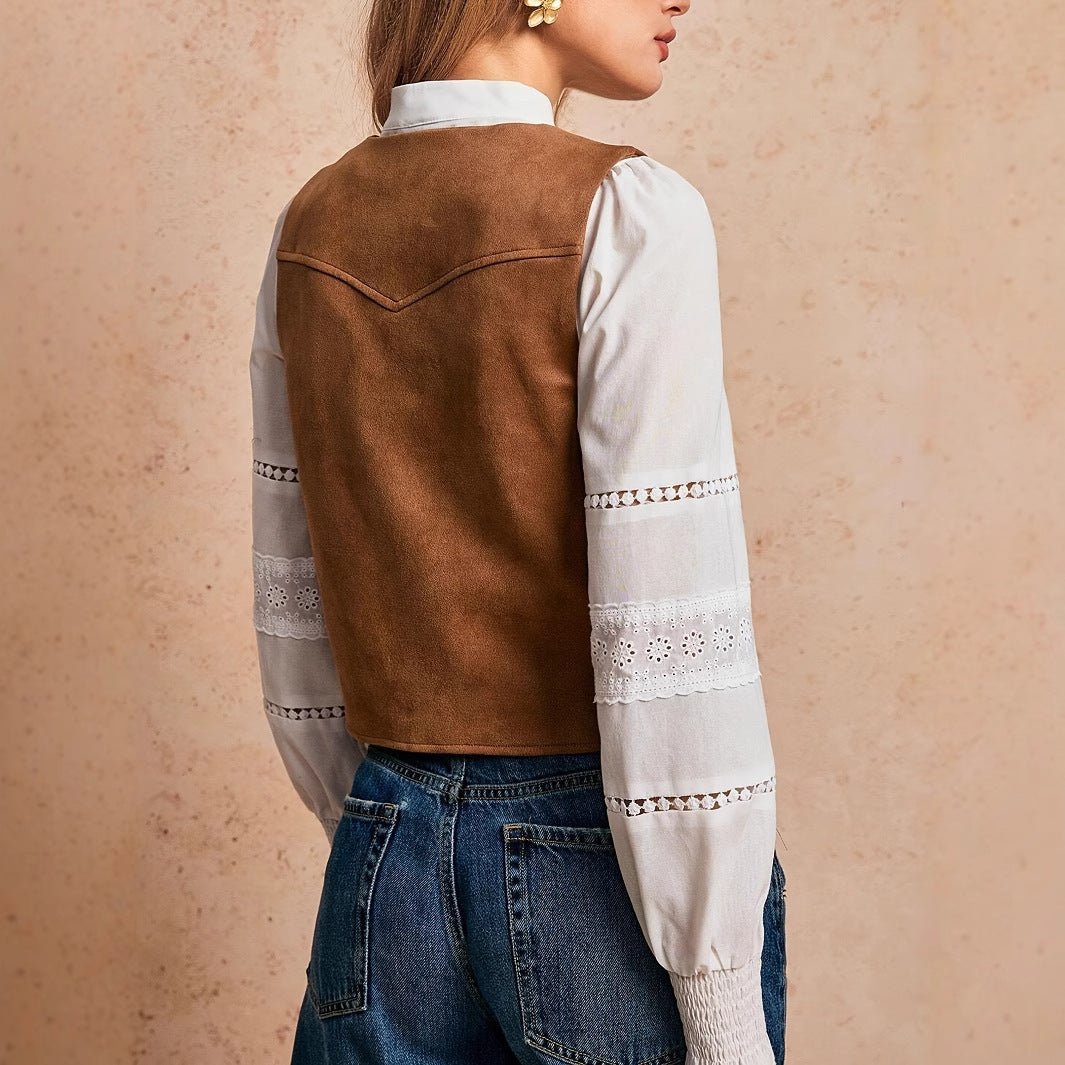 Women's Solid Color Casual Retro Tassel Decoration Front Metal Button Vest Jacket