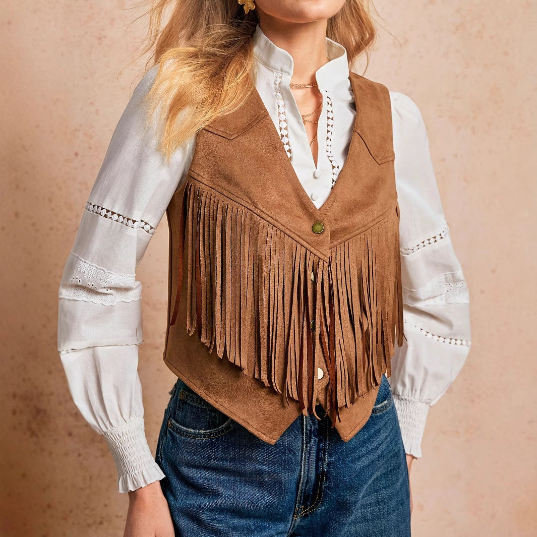 Women's Solid Color Casual Retro Tassel Decoration Front Metal Button Vest Jacket
