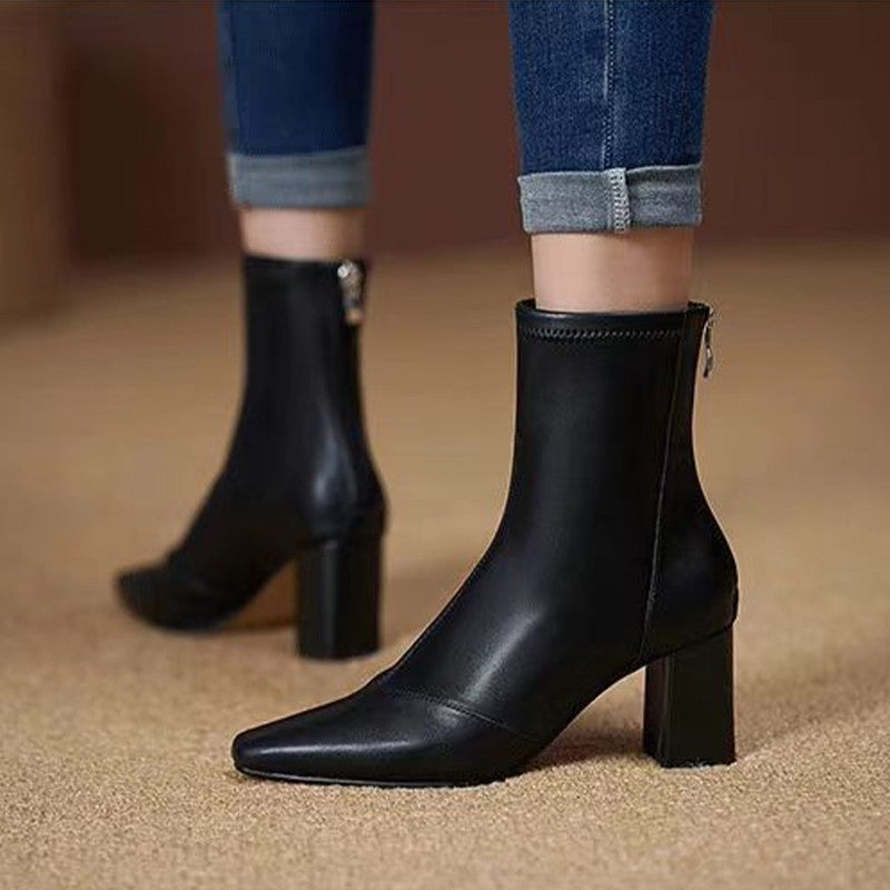 Soft Leather Back Zipper With Velvet To Show Skinny Boots