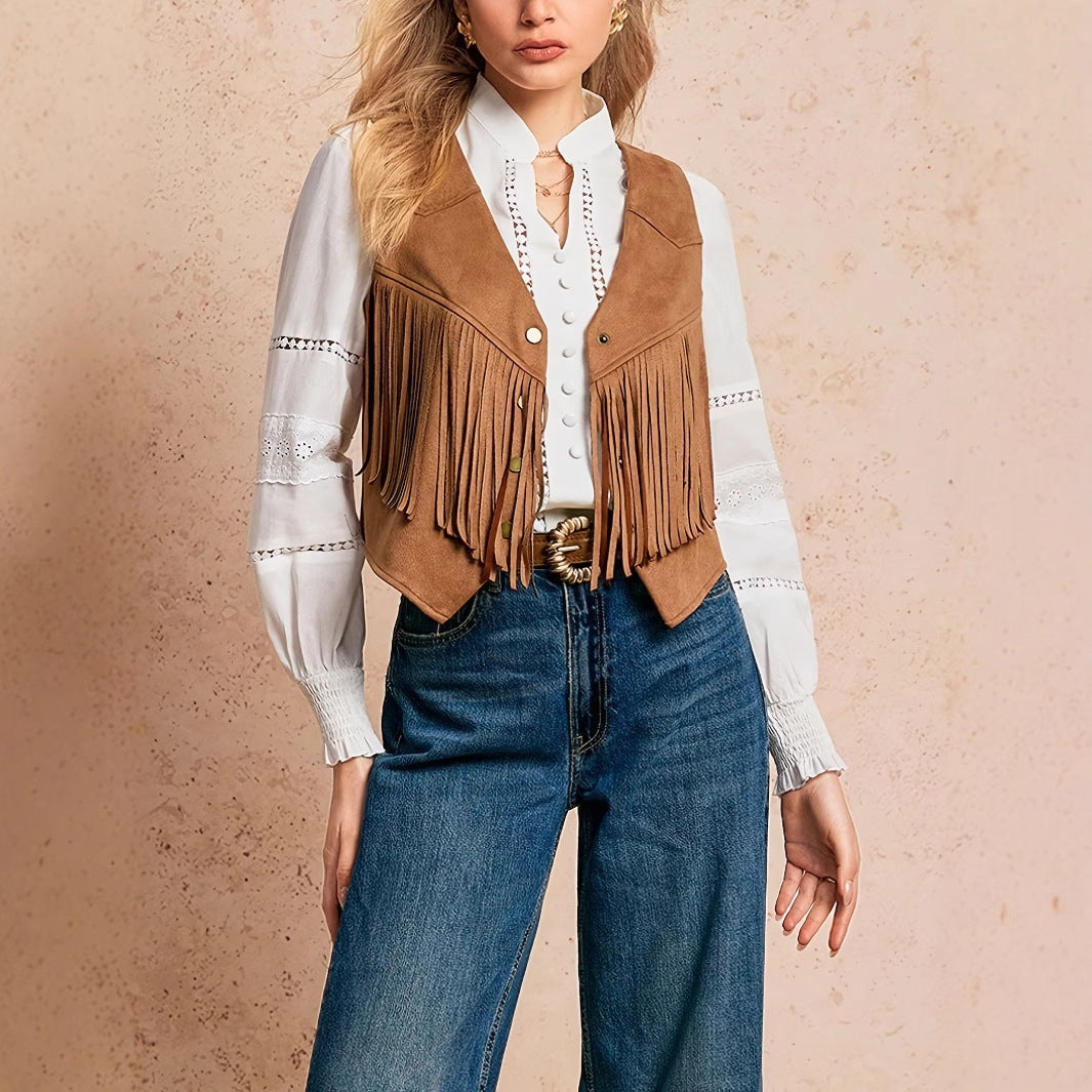 Women's Solid Color Casual Retro Tassel Decoration Front Metal Button Vest Jacket