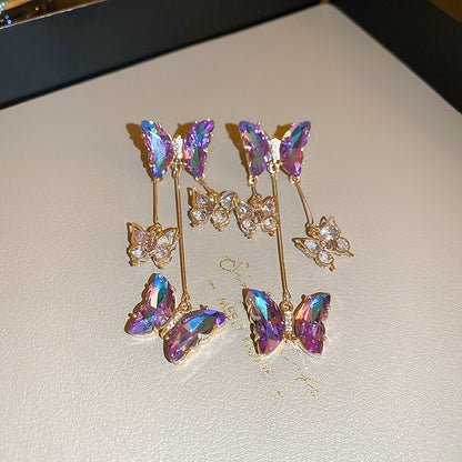 Silver Needle Crystal Flowers Butterfly Tassel Earrings