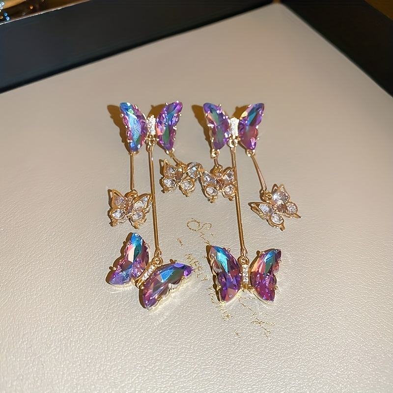 Silver Needle Crystal Flowers Butterfly Tassel Earrings