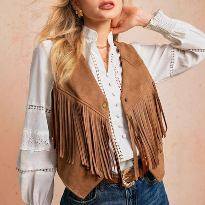Women's Solid Color Casual Retro Tassel Decoration Front Metal Button Vest Jacket