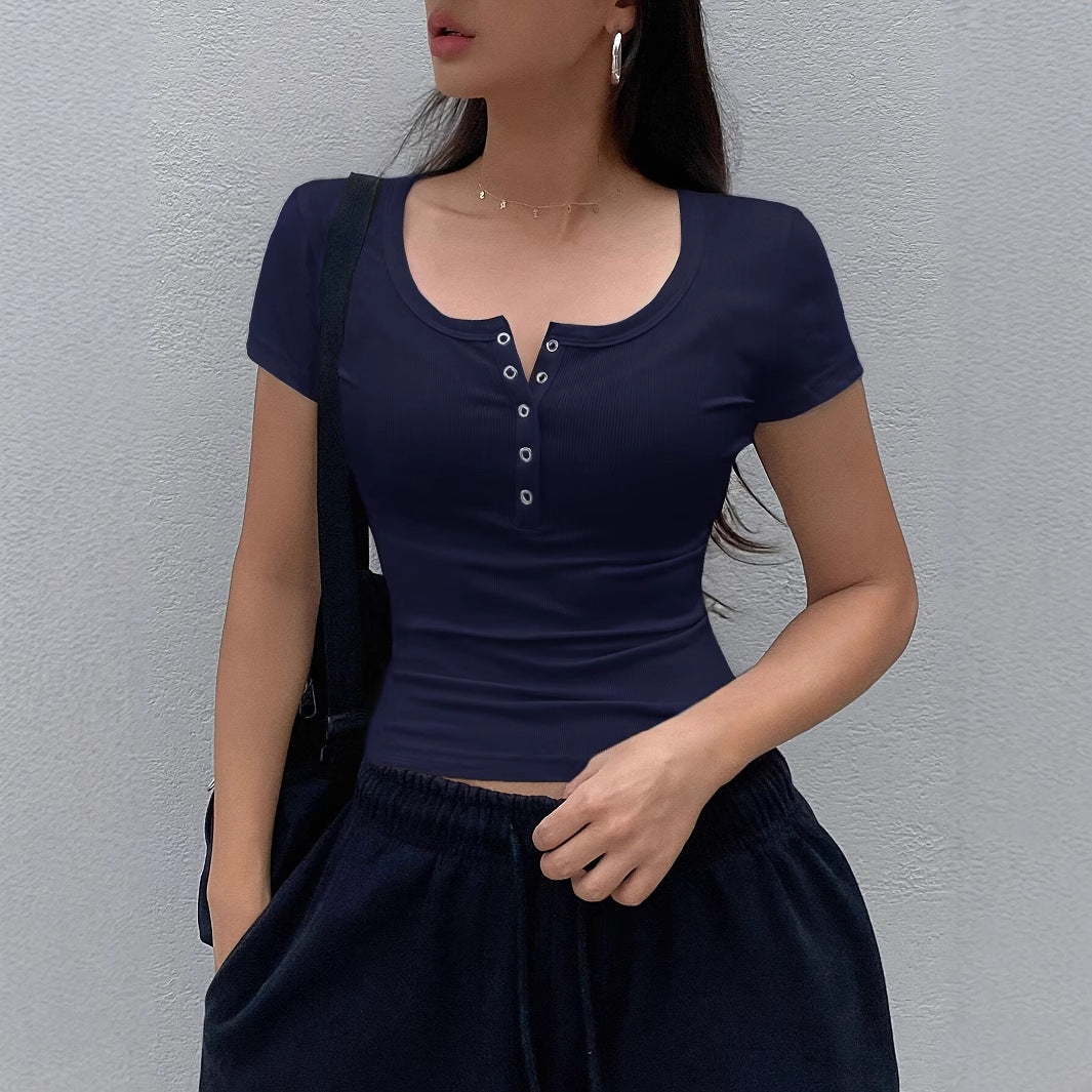 Women's Solid Color Short-sleeved Top Rib Knit Half-cardigan Button T-shirt