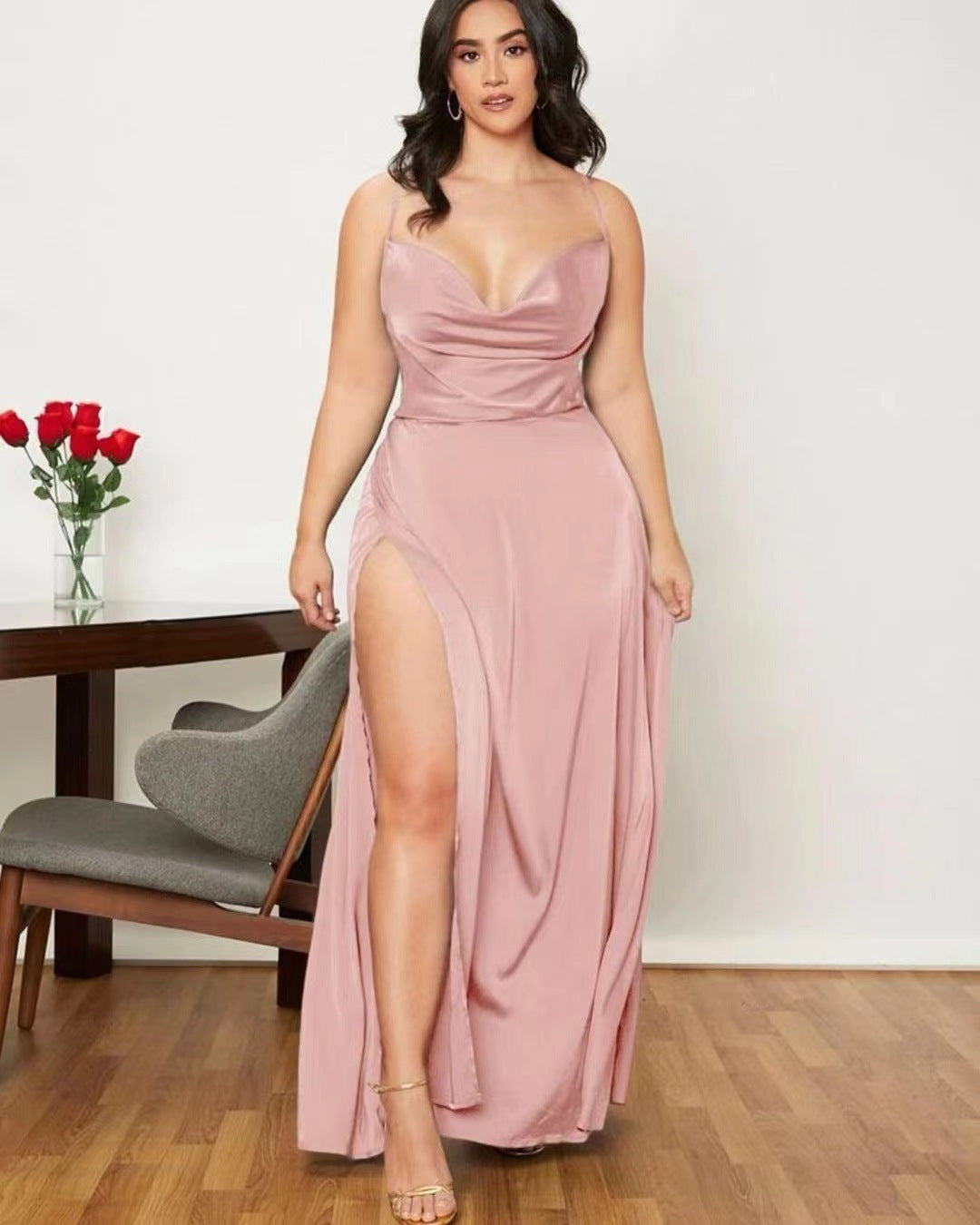 Elegant Satin Bodycon Dress – Backless Slim Fit Party Wear