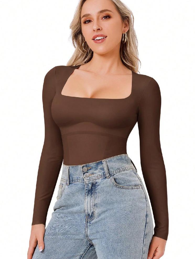 Women's Long Sleeve Square Neck Tummy Shaper Bodysuit Sexy Slimming Elegant Lingerie