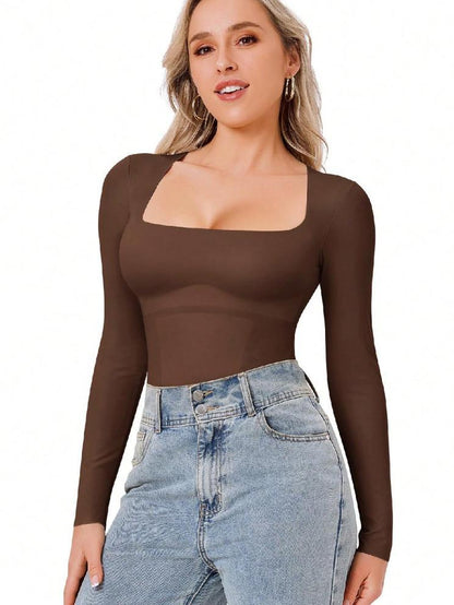 Women's Long Sleeve Square Neck Tummy Shaper Bodysuit Sexy Slimming Elegant Lingerie