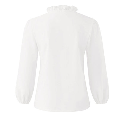 Women's Solid Color Long Sleeve Ruffled V-neck Pleated Shirt For Women