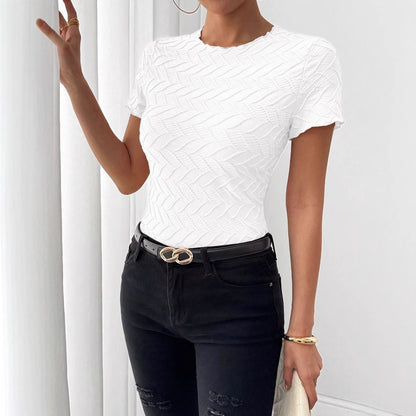Summer New Texture Solid Color Round Neck Short Sleeve Commuter Style Ladies Top