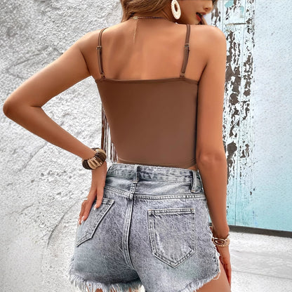 Women's Summer Tassel Camisole Tight V-neck Solid Color Top