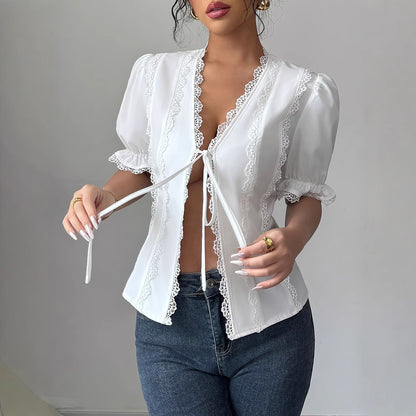 Women's Casual Short Sleeved V-neck Lace Up Pleated Patchwork Solid Color Shirt