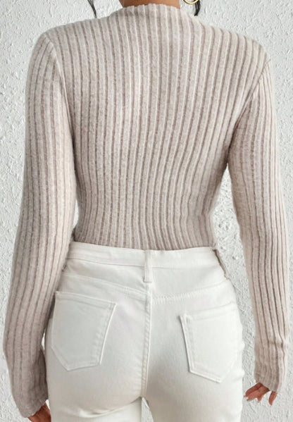 Women's Ribbed Mock Neck Knit Jumpsuit Long Sleeve Slim Casual Jumpsuit, High Neck Ribbed Knit Long Sleeve Women's Bodysuit For Spring And Autumn, Versatile Casual Jumpsuit.