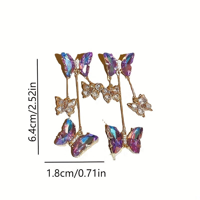 Silver Needle Crystal Flowers Butterfly Tassel Earrings