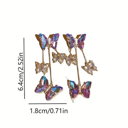 Silver Needle Crystal Flowers Butterfly Tassel Earrings