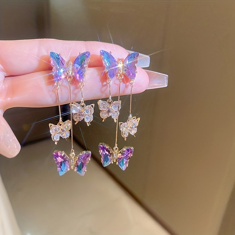 Silver Needle Crystal Flowers Butterfly Tassel Earrings
