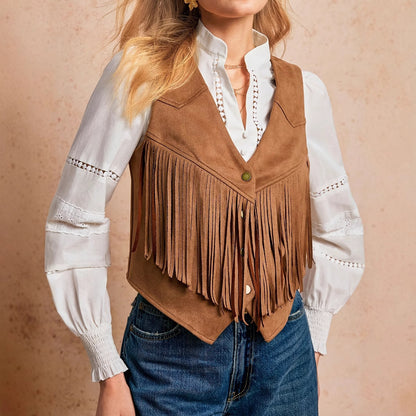 Women's Solid Color Casual Retro Tassel Decoration Front Metal Button Vest Jacket