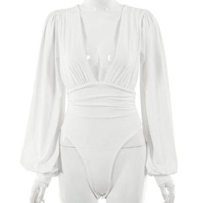 Women's sexy long-sleeved deep V waist pleated temperament bodysuit