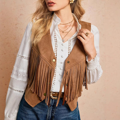 Women's Solid Color Casual Retro Tassel Decoration Front Metal Button Vest Jacket