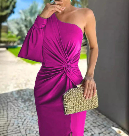 Women's Diagonal Shoulder Knot Split Solid Color Slim Fit Dress