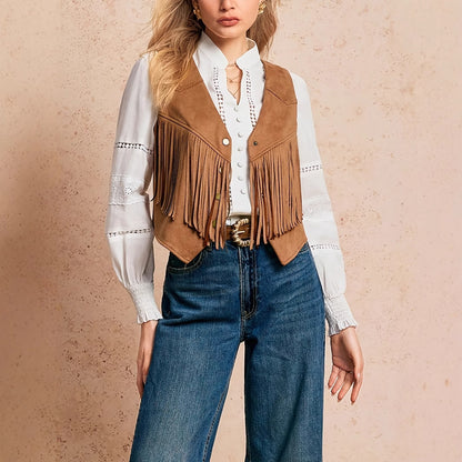 Women's Solid Color Casual Retro Tassel Decoration Front Metal Button Vest Jacket