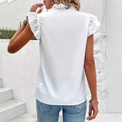 Women's Solid Color Top Ruffled Edge V-neck Flying Sleeve Ruffled Lace Top