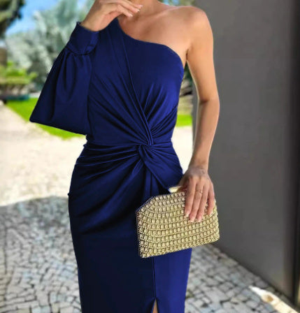 Women's Diagonal Shoulder Knot Split Solid Color Slim Fit Dress