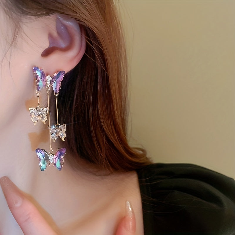 Silver Needle Crystal Flowers Butterfly Tassel Earrings