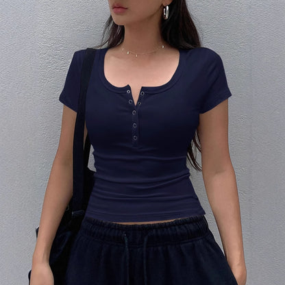 Women's Solid Color Short-sleeved Top Rib Knit Half-cardigan Button T-shirt