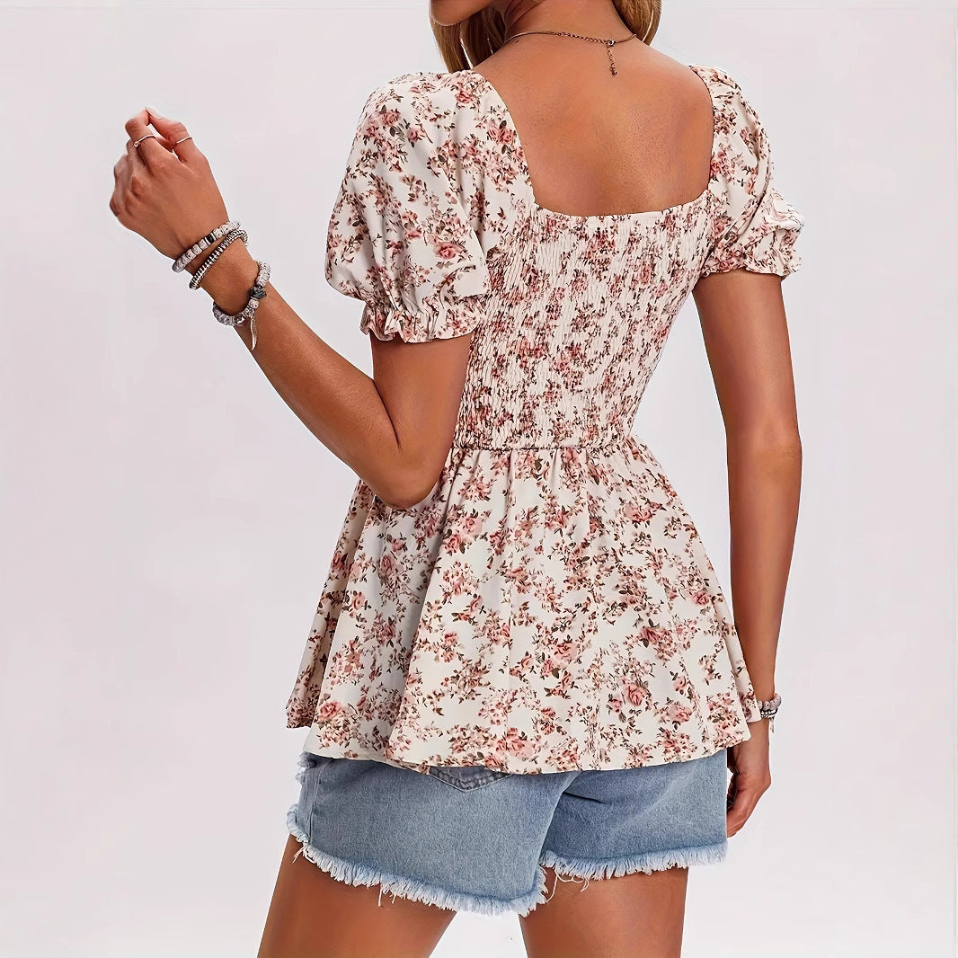 Square Collar Smocking Ruffle Sleeve Floral Vacation Top