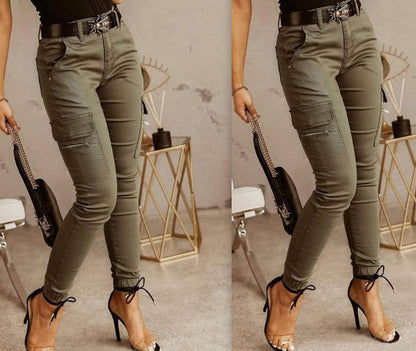European And American Women's Trousers, Low-waisted Buttons, Solid Color Pockets