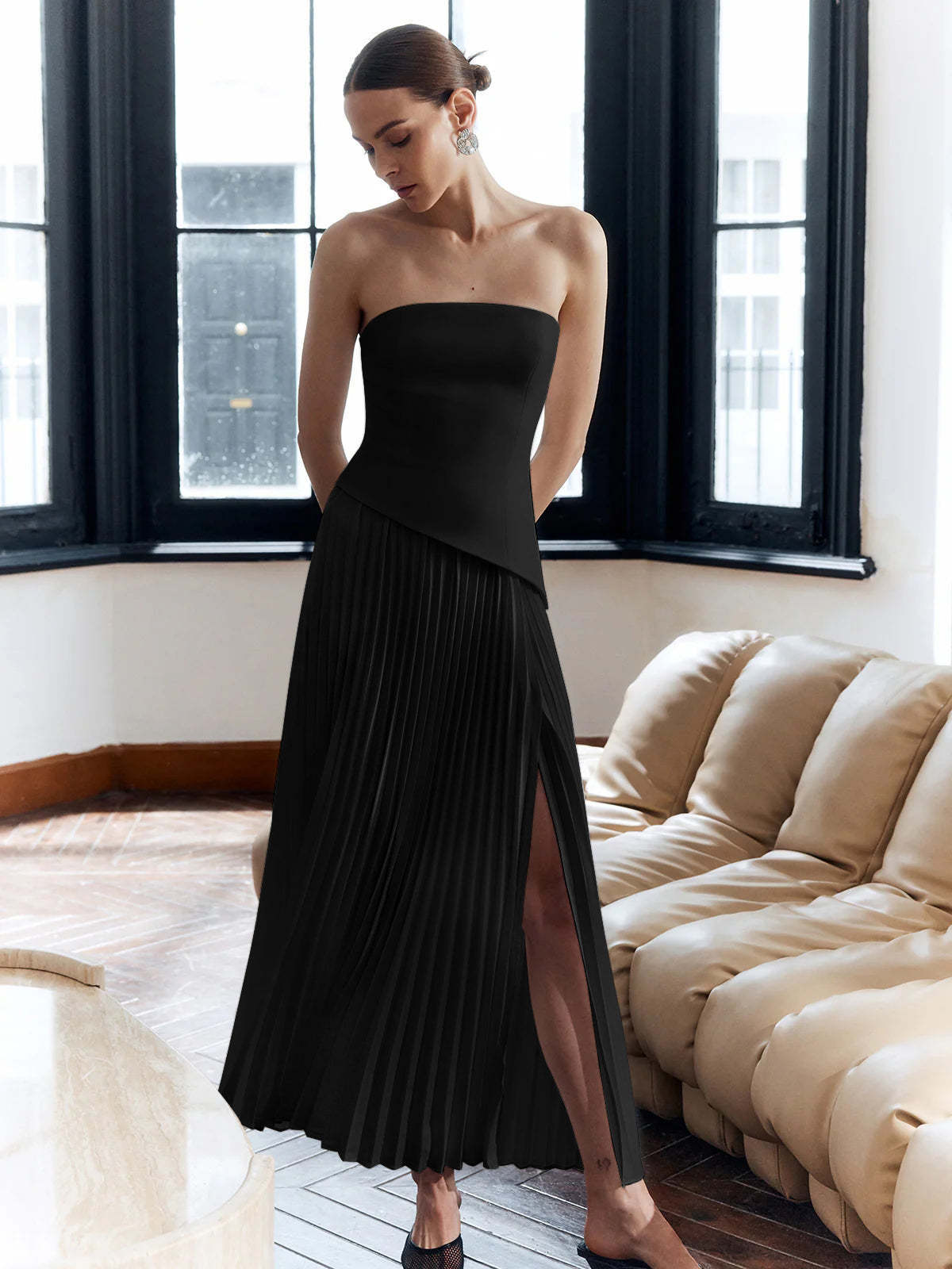 Spring And Summer New Color Matching Tube Top Sexy Off-the-shoulder Dress